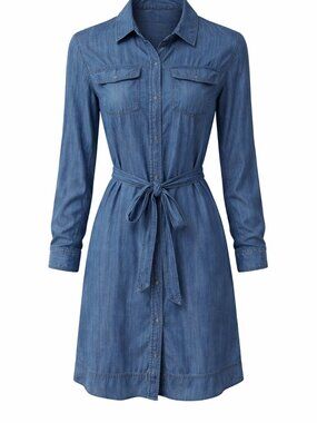 LOFT Indigo Long Sleeve Dress with Button Tie Front Office Casual Minimalist